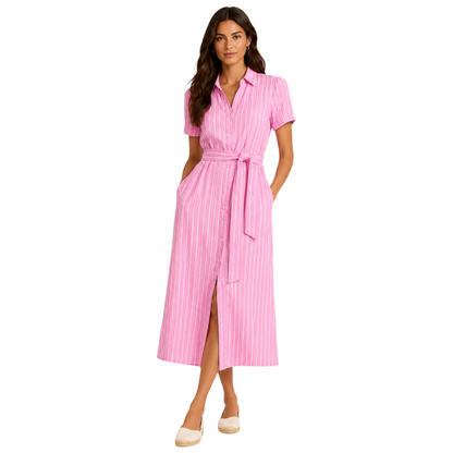 Ralph Lauren Women's Belted Striped Linen Dress Pink