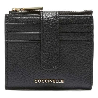 Coccinelle Metallic Soft Grained Leather Card Holder Purse Noir Black