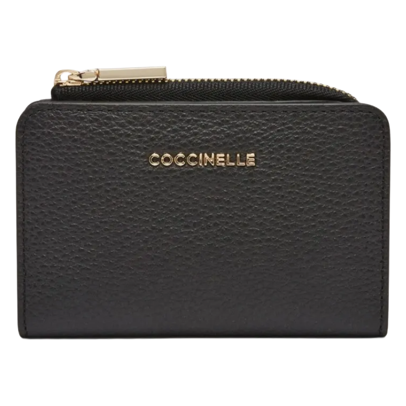 Coccinelle Metallic Soft Grained Leather Card Holder Purse Noir Black