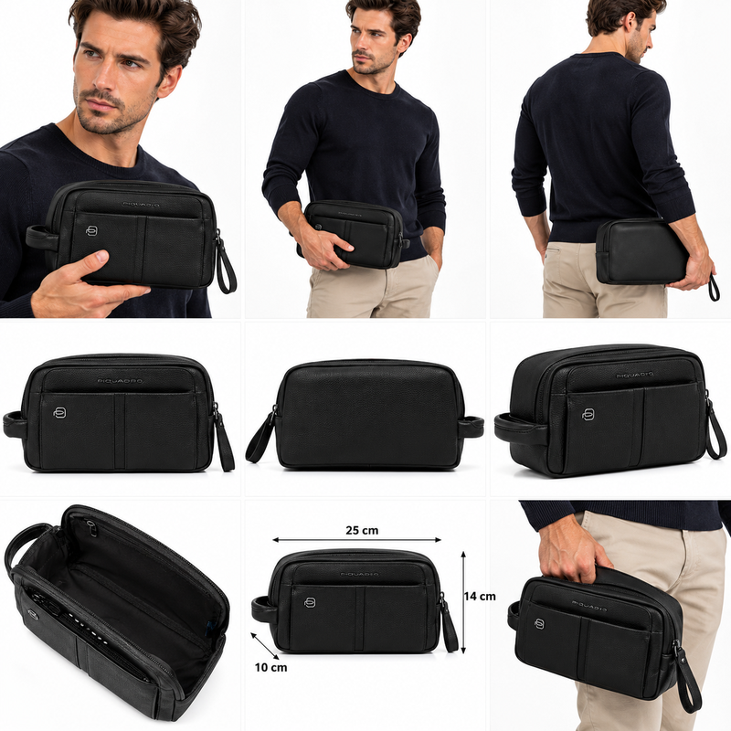 Piquadro Hedley Black Leather Toiletry Bag