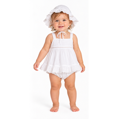 Ralph Lauren Baby Girl 3 Piece Shorts, Top & Hat Set White 