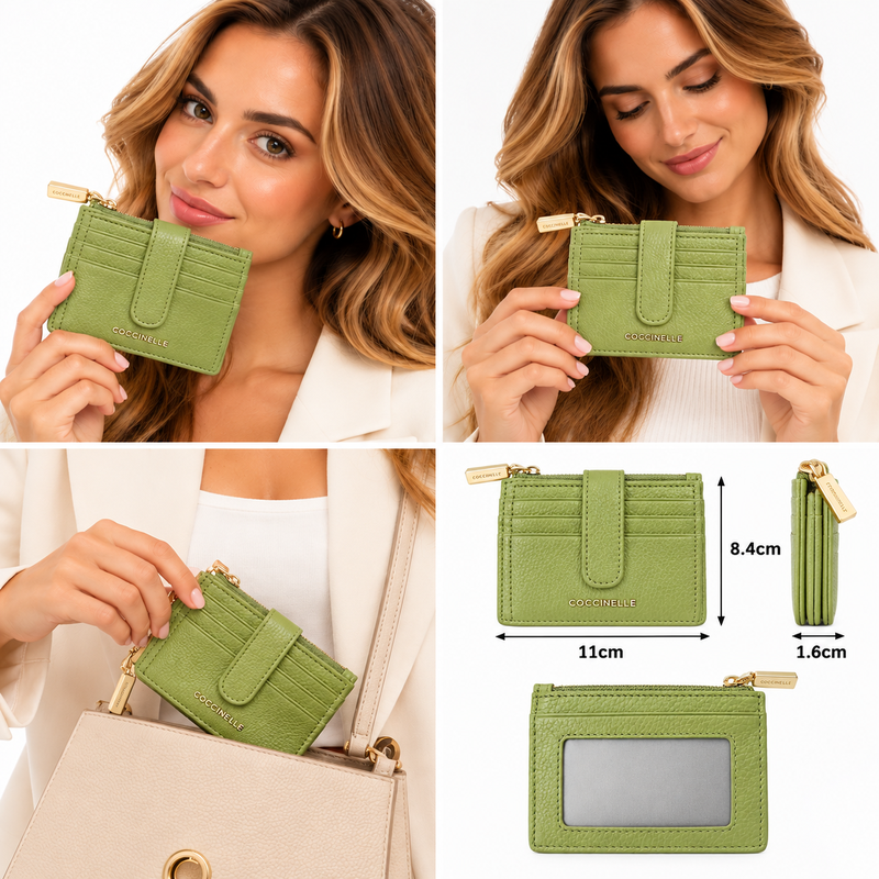Coccinelle Metallic Soft Leather Card Holder Purse Guacamole Green