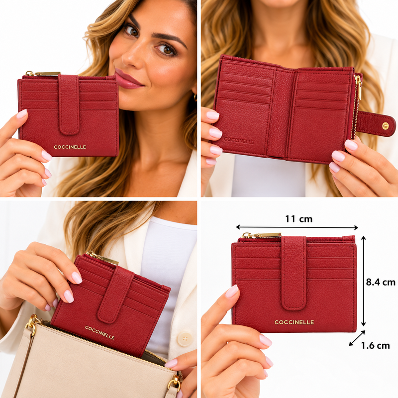 Coccinelle Metallic Soft Grained Leather Card Holder Purse Sangria Red