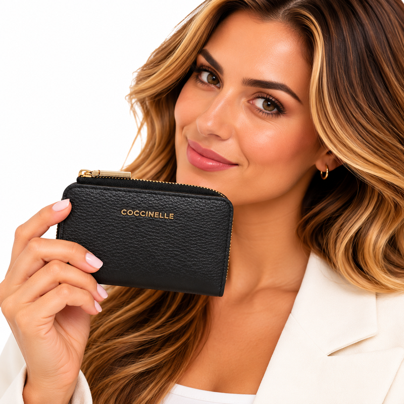 Coccinelle Metallic Soft Grained Leather Card Holder Purse Noir Black