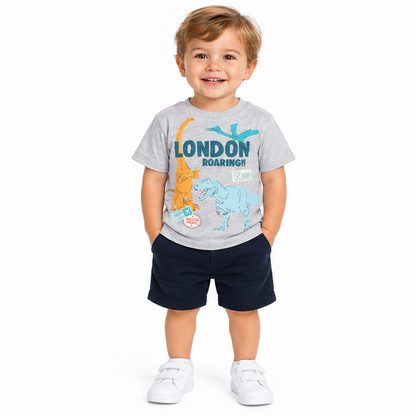 Natural History Museum London Roaring Dinosaur Grey Marl 100% Cotton Kids T-Shirt 1-2 Years