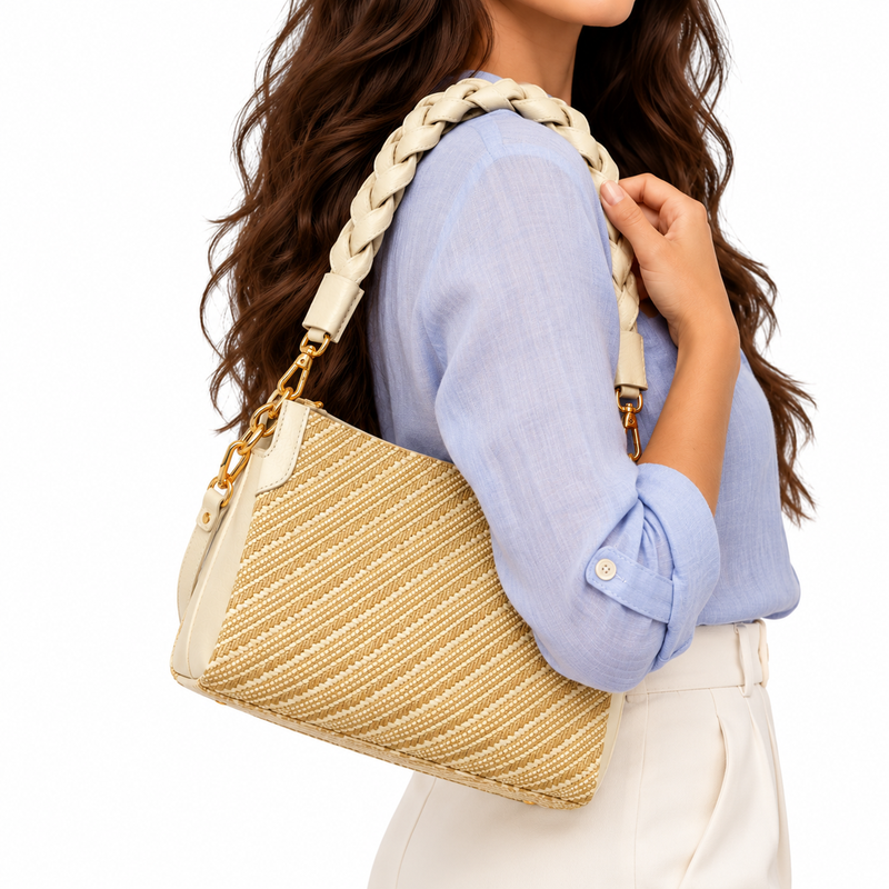 Coccinelle Boheme Bi Colour Straw/White Leather Crossbody Bag