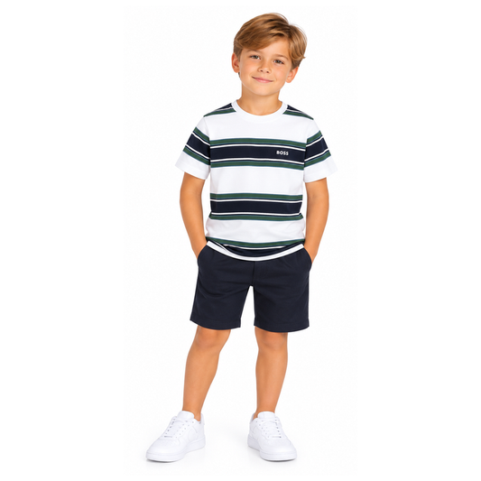 Hugo Boss Boys T-Shirt Striped White Green 100% Cotton