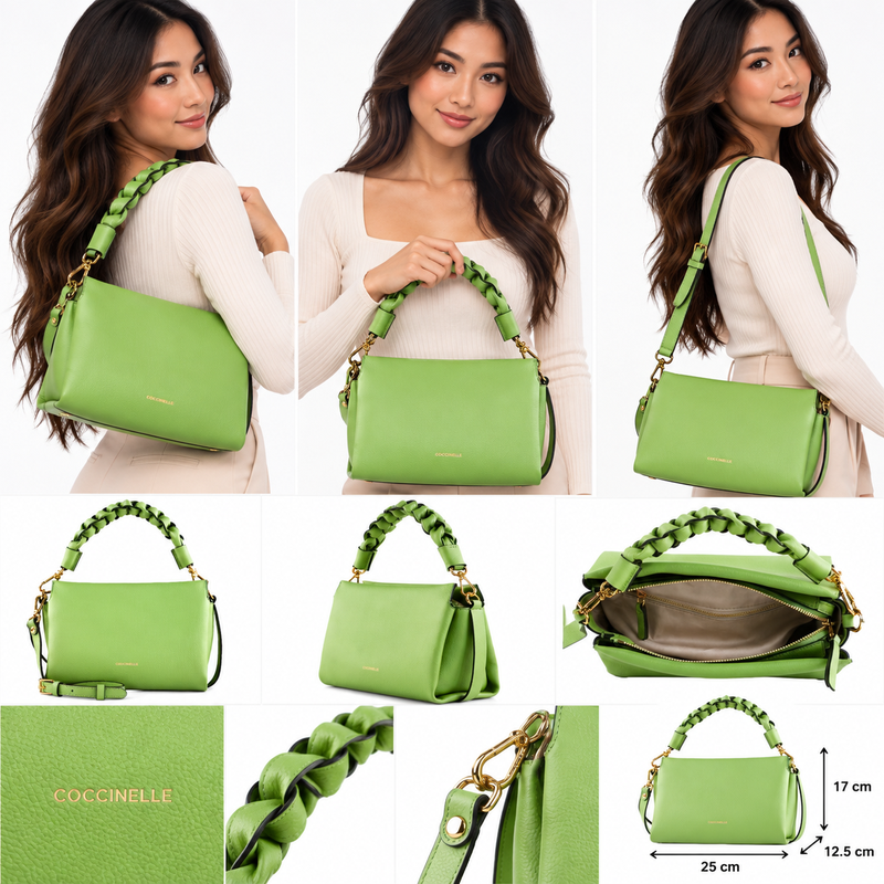Coccinelle Boheme Grana Double Leather Crossbody Bag Guacamole Green