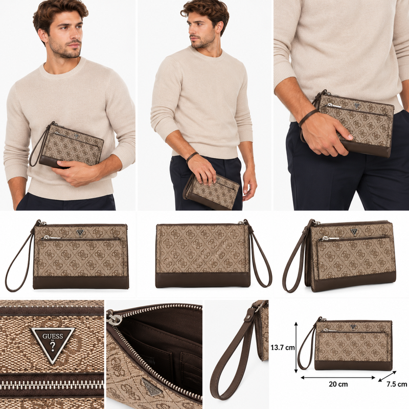 Guess Men's Clutch Bag Case With Logo Print Beige/Brown
