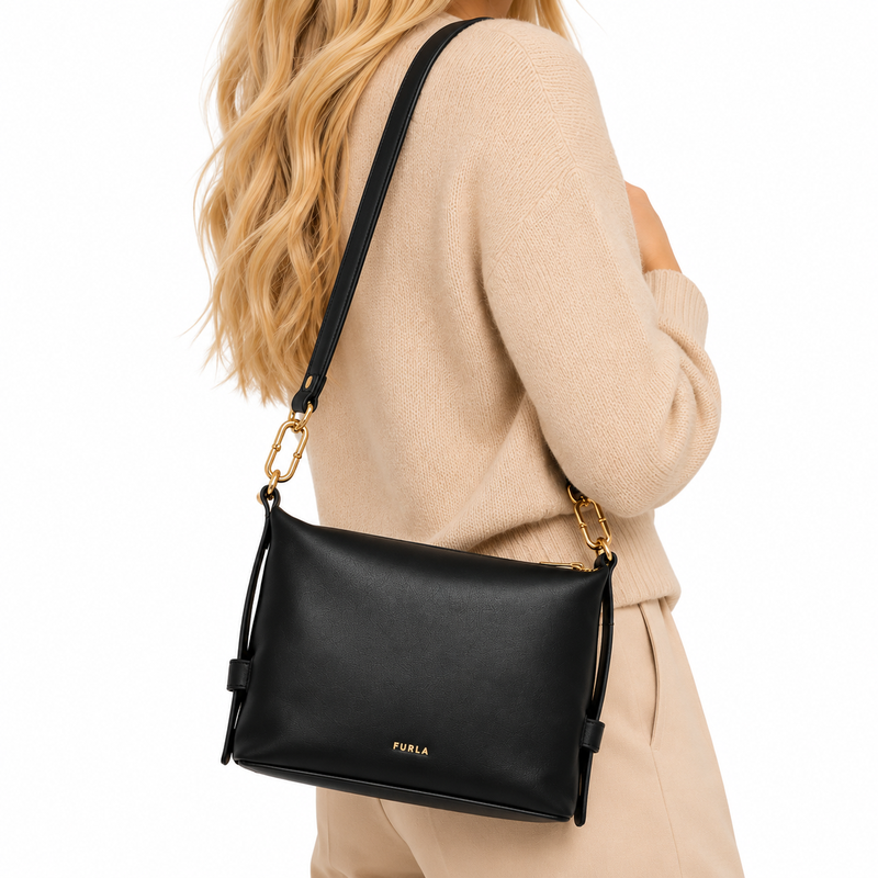 Furla Nuvola Leather Hobo Shoulder Bag Black