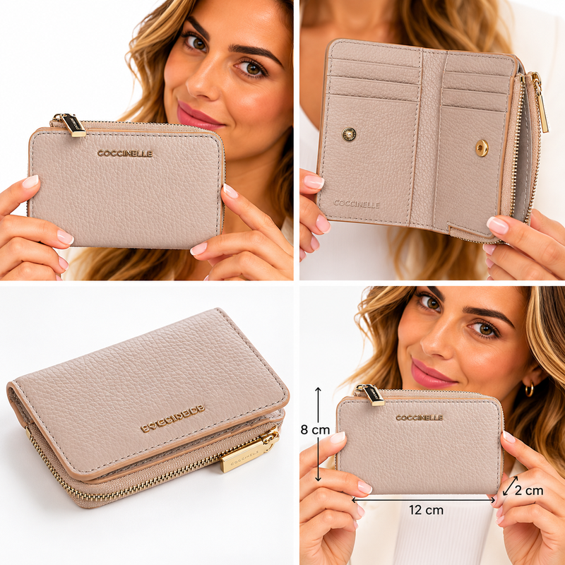Coccinelle Metallic Soft Grained Leather Card Holder Purse Rosette Pink