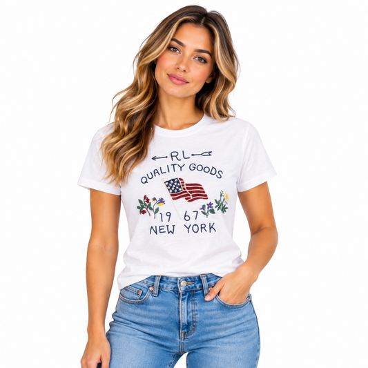 Ralph Lauren Embroidered Flag Cotton T-Shirt Cream Women's