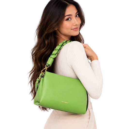 Coccinelle Boheme Grana Double Leather Crossbody Bag Guacamole Green