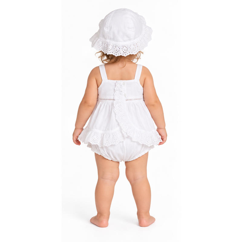 Ralph Lauren Baby Girl 3 Piece Shorts, Top & Hat Set White 