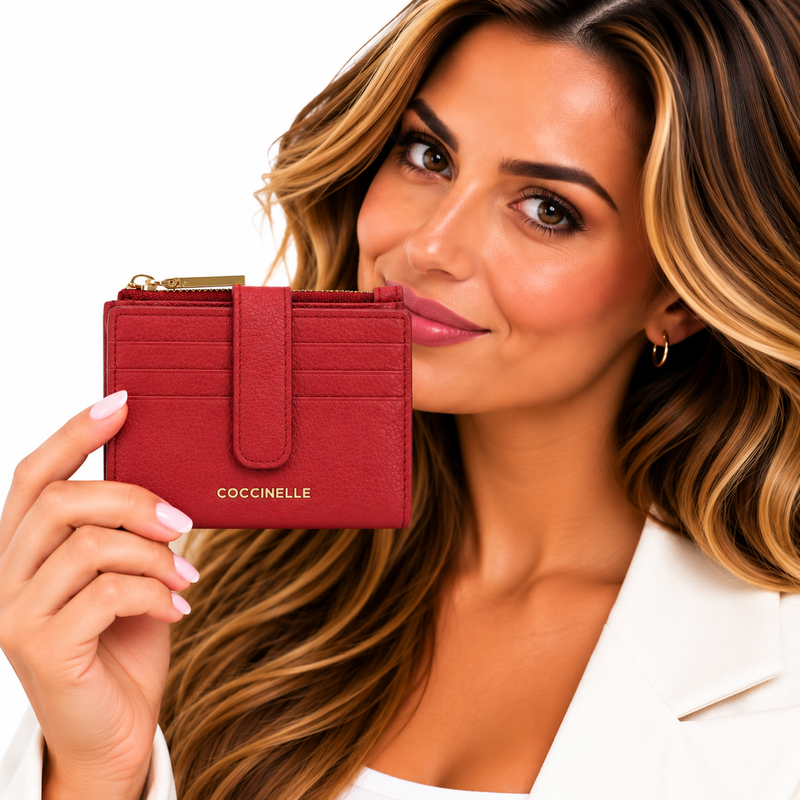 Coccinelle Metallic Soft Grained Leather Card Holder Purse Sangria Red