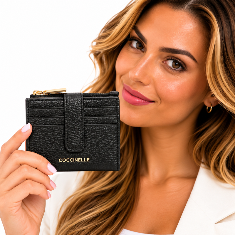 Coccinelle Metallic Soft Grained Leather Card Holder Purse Noir Black