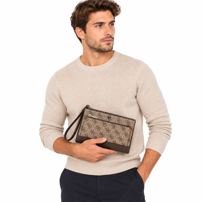 Guess Men's Clutch Bag Case With Logo Print Beige/Brown