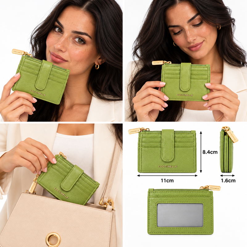 Coccinelle Metallic Soft Leather Card Holder Purse Guacamole Green