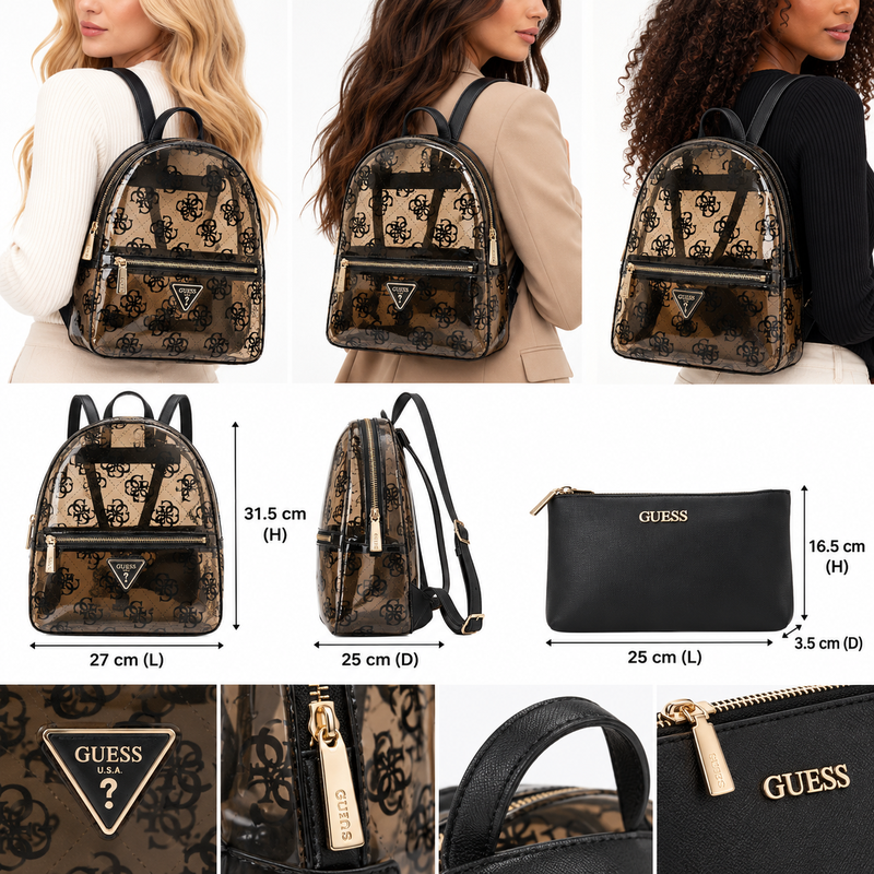 Guess Women's Tash Backpack Black See Through & Black Purse