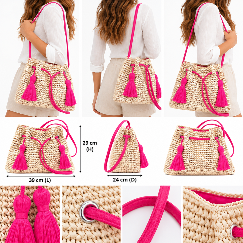 ASCANA Beige & Pink Cross Body Bag | Woven Straw Tassel Bag