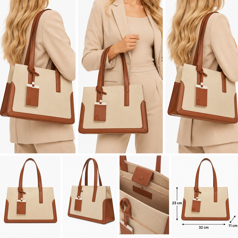 Furla Baia Cotton & Leather Tote Shopper M Bag Toni Cognac (Natural & Brown)
