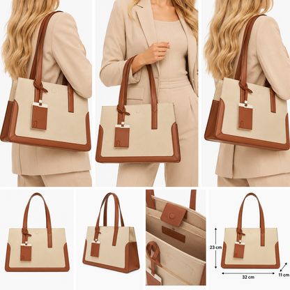 Furla Baia Cotton & Leather Tote Shopper M Bag Toni Cognac (Natural & Brown)