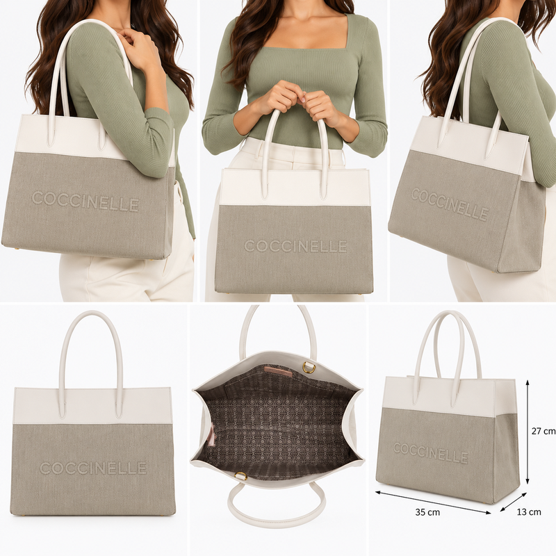 Coccinelle Myrtha Canvas Leather Shopper Bag Natural White