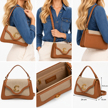 Coccinelle C-Me Canvas Cotton & Leather Small Shoulder Bag Natural/Tan