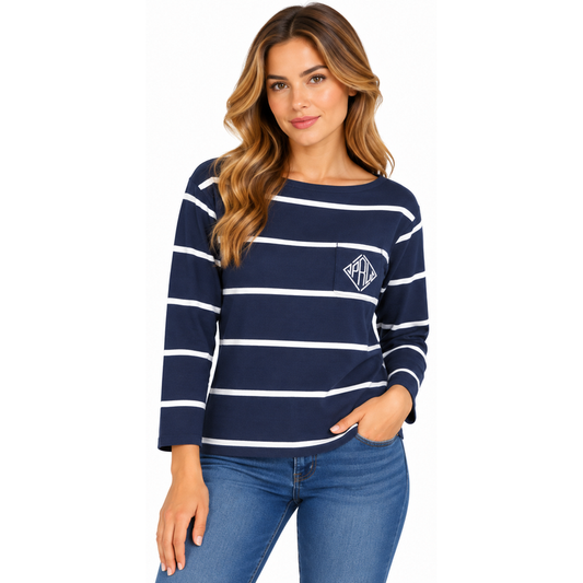 Ralph Lauren Polo Monogram Logo Striped Jersey T-Shirt Blue Women's