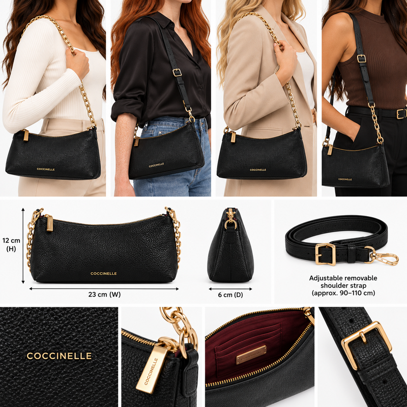 Coccinelle Womens Aura Shoulder Leather Bag Black E5QH0550101