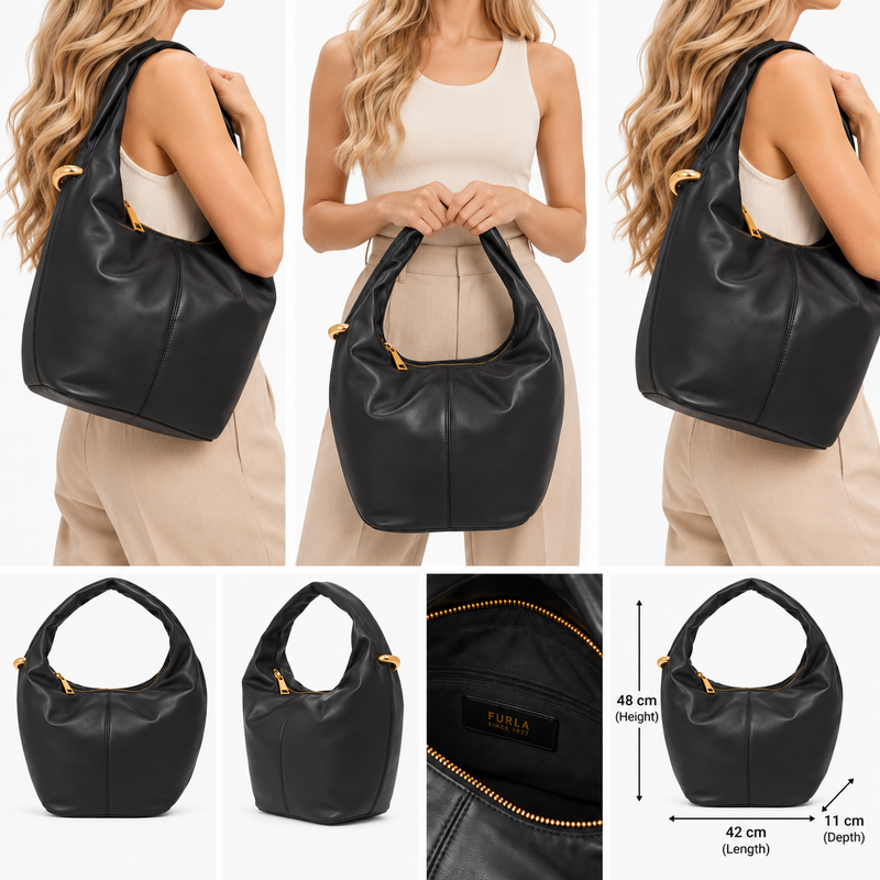Furla Ring S Leather Hobo Shoulder Bag Black