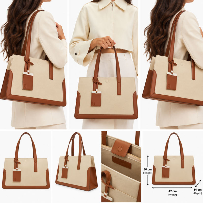 Furla Baia Cotton & Leather Tote Shopper Bag Toni Cognac (Natural & Brown)