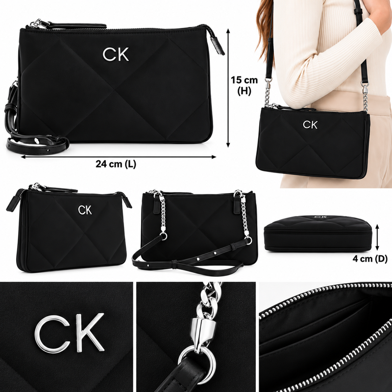 Calvin Klein Re-Lock Quilt Black Satin Crossbody Bag Women's
