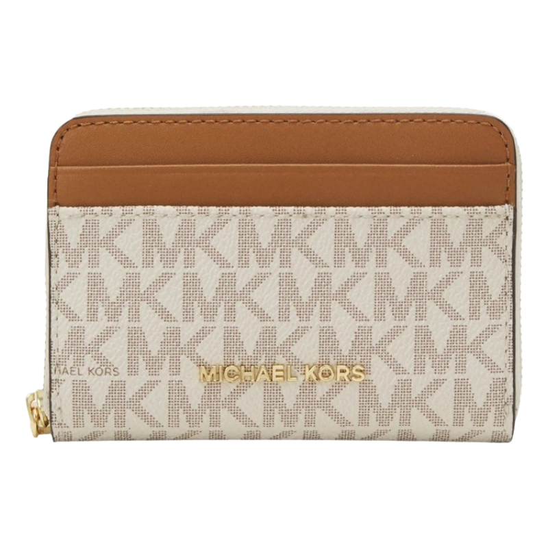 Michael Kors Jet Set Small Signature Logo Zip-Around Card Case Vanilla/Acorn