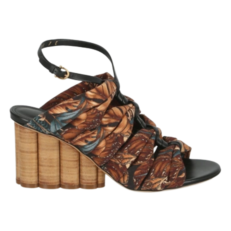 Salvatore Ferragamo Solki Heeled Sandals Print Fabric Beige/Black