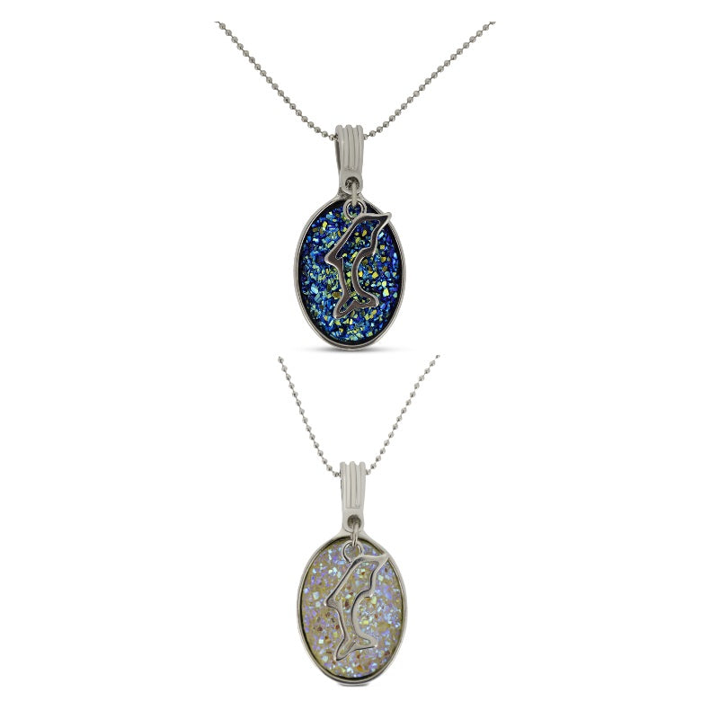 Oval Stone Crystal Pendant & Dolphin Charm Necklace - Choose Colour