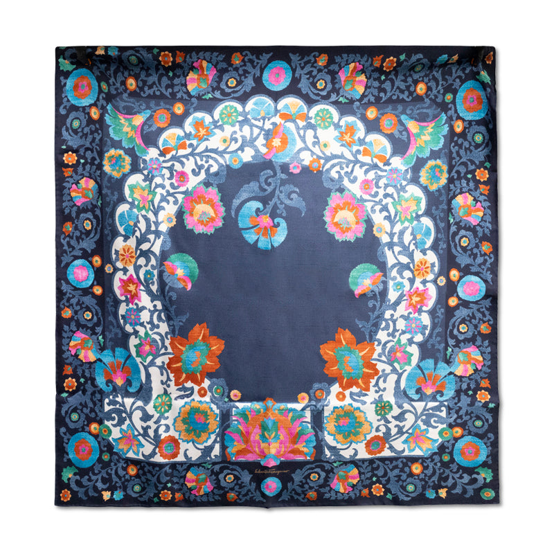 Salvatore Ferragamo Blue Uzbekistan Floral Print Silk Scarf