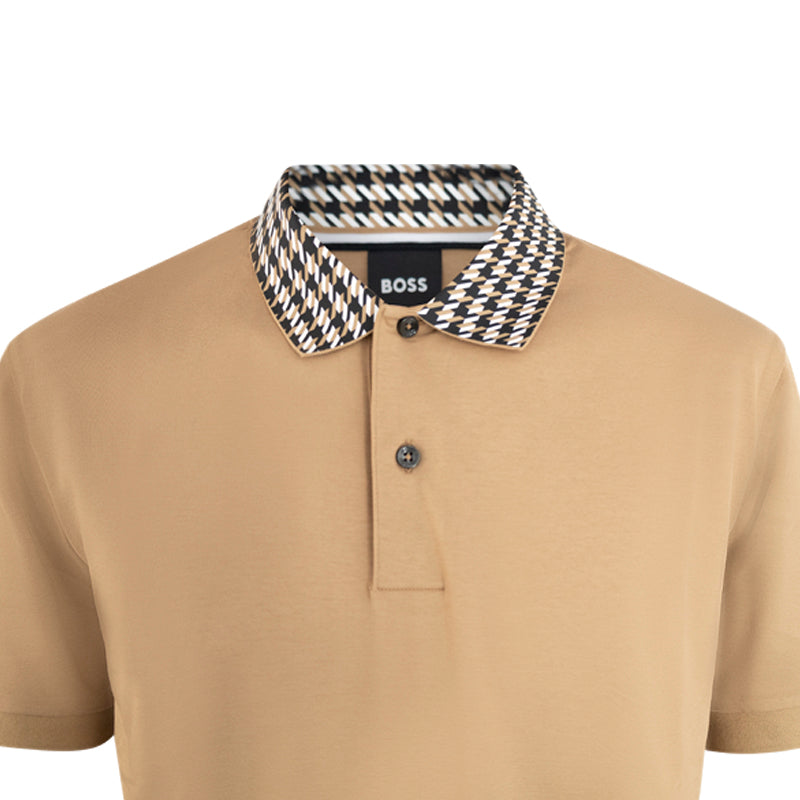 Hugo Boss Parley 180 Polo Shirt Beige Houndstooth Collar Small