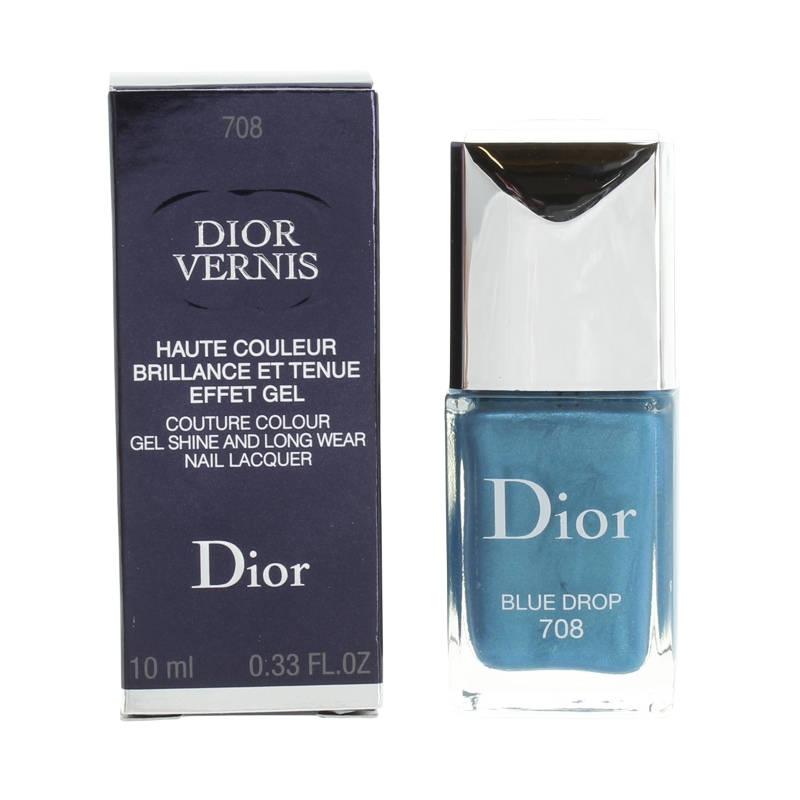 Dior Vernis 708 Blue Drop Gel Shine Nail Lacquer Varnish  A nail polish from Dior Vernis, in the shade 708 Blue Drop. Inspired by rays of the sun. Applied alone, or as a top coat, this nail polish enhances the nail with iridescence & protects them from exterior aggressors.   Colour - Iridescent Blue  10ml