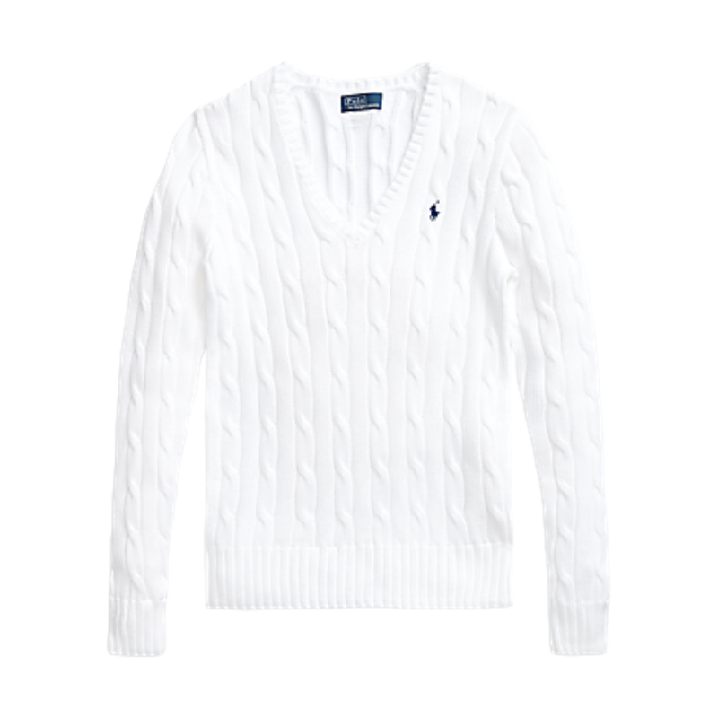 Ralph Lauren Polo White Cable-Knit Cotton V-Neck Jumper