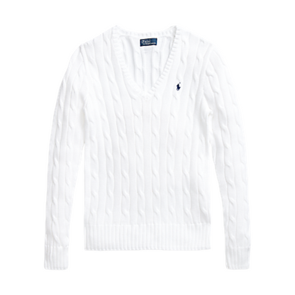 Ralph Lauren Polo White Cable-Knit Cotton V-Neck Jumper