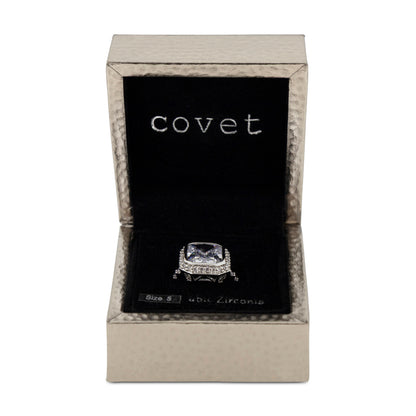 Covet Rhodium Cubic Zirconia Large Square Cut Silver Ring - Size 9
