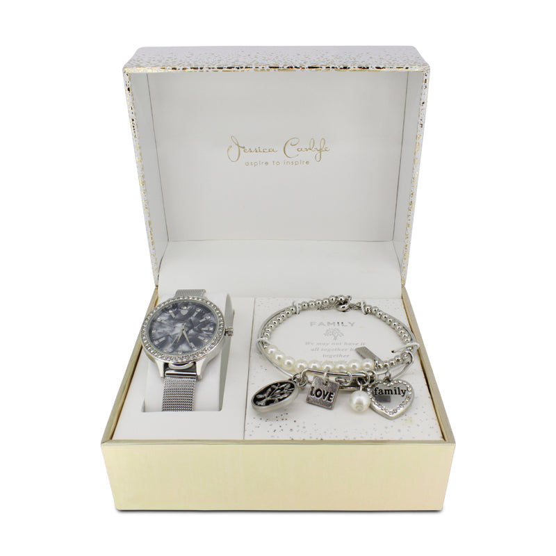 Jessica Carlyle Silver Mesh Watch & Bracelet Set "Family" 6857