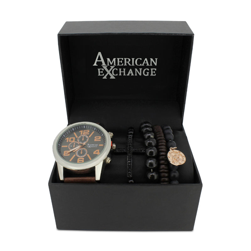 American Exchange Silver Watch Black Bracelets Set 5130 *Ex-Display*