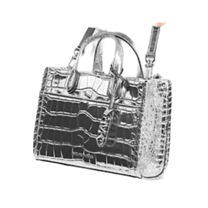 Michael Kors Gigi Crocodile Embossed Leather Messenger Bag Metallic Silver