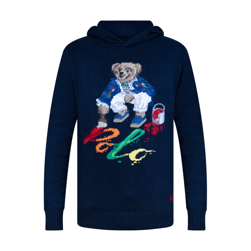 Polo Ralph Lauren Painting Bear Knitted Hoodie Navy Blue