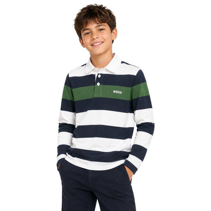 Hugo Boss Boys Polo Shirt 100% Cotton White/Green/Navy 