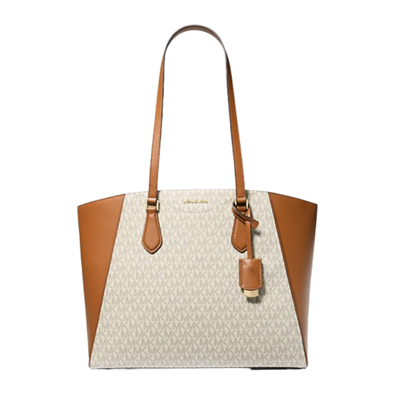 Michael Kors Taryn Large Signature Logo Leather Tote Bag Vanilla/Acorn