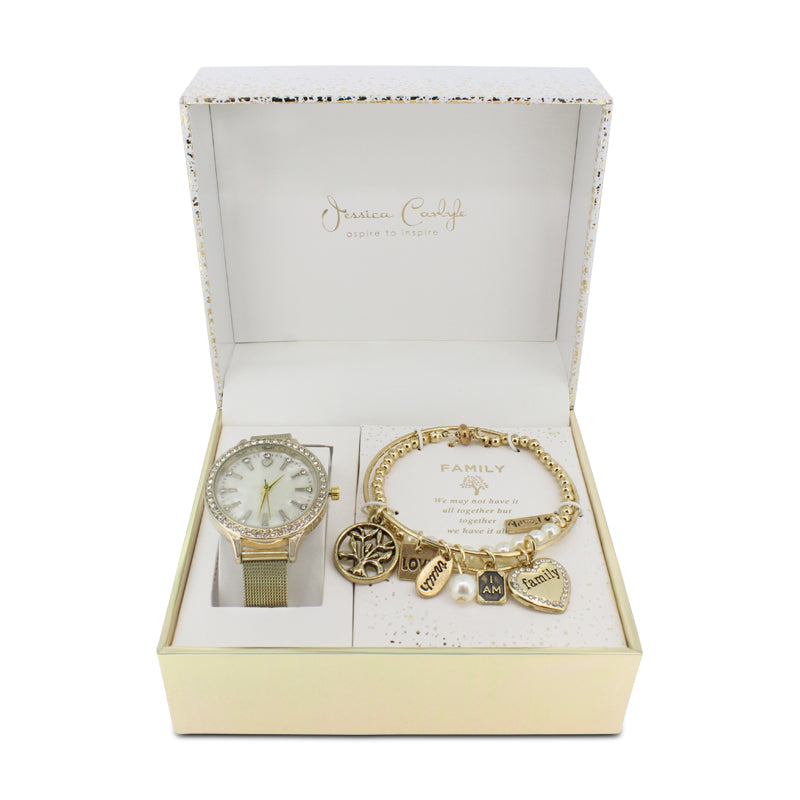 Jessica Carlyle Gold Crystal Watch & Bracelet Set "Family" 6857