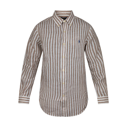 Ralph Lauren Polo Custom Fit Striped Linen Shirt White & Brown